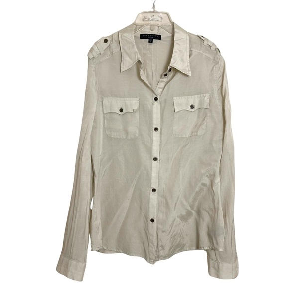 Sanctuary Cream Silk Blend Sheer Button Down Western Shirt Size Large Neutral - Picture 1 of 8